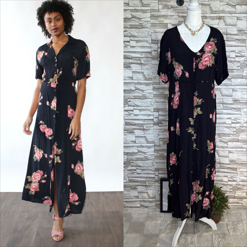 EQUATION Large Floral Black Button Down Maxi Dress